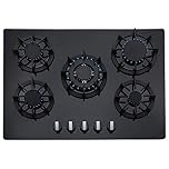 SIA UBR8 70cm Premium 5 Burner Black Glass Gas Hob With Cast Iron Pan Stands, Wok Burner, Flame Failure Safety Device & LPG Kit