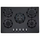 SIA UBR8 70cm Premium 5 Burner Black Glass Gas Hob With Cast Iron Pan Stands, Wok Burner, Flame Failure Safety Device & LPG Kit