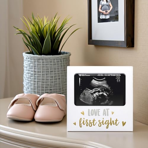 Image of Love at First Sight Sonogram Picture Frame, Gender Neutral Ultrasound Keepsake, Ideal Pregnancy Gift, Baby Shower and Nursery Decor, 4 inch x6 inch Photo Insert, Gold, Silver And White