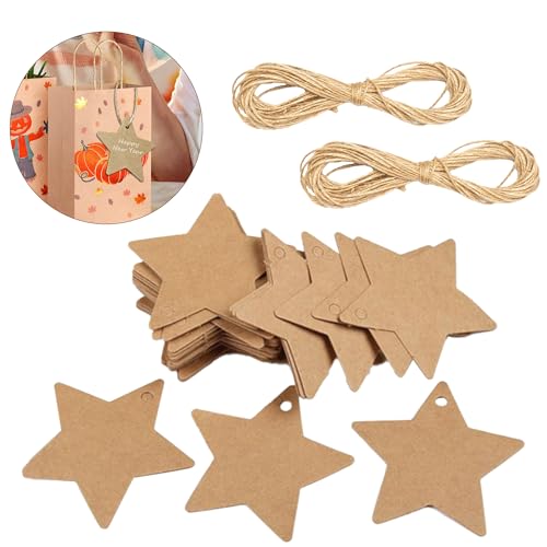 100 Pcs Brown Kraft Paper Star Tags 6x6cm for DIY Crafts, Christmas Ornaments, Weddings & Birthday Gift Cards with 20m Natural Jute String