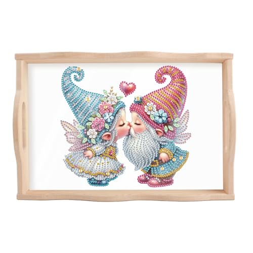 Image of DIY Diamond Art Tray with Handle Diamond Art Painting Plate Creative Design Handmade Wooden Tray Mosaic Making Kits by Number Kits Diamond Art for Coffee Living Room Home Organizer (Nice Kiss)