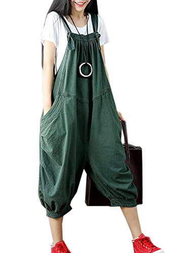 Flygo Women's Baggy Cotton Denim Wide Leg Drop Crotch Overalls Jumpsuit Romper Harem Pants
