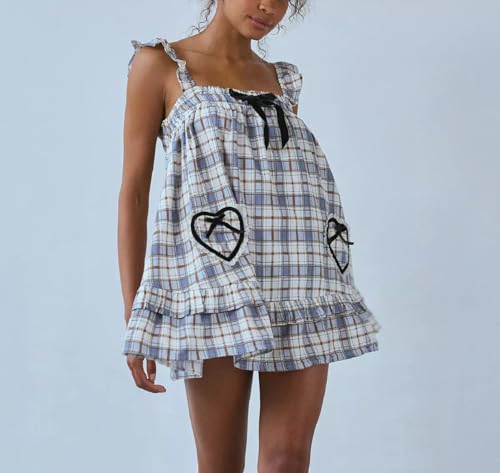 Image of Women Y2K Tie Shoulder Mini Dress Bow Babydoll Ruffle Short Dress Summer Boho Floral Flowy Beach Sundress