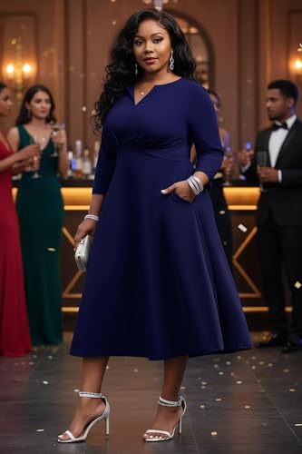 Image of Nmoder Women's Plus Size Stretchy Flared Wrap Dress Casual Wedding Guest Midi Dresses V Neck 3 /4 Sleeve A-Line Swing Dress