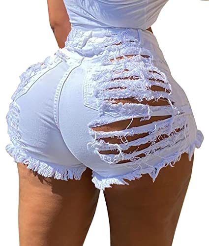 GOBLES Women's Sexy Summer Mid Waist Ripped Jean Shorts Frayed He...