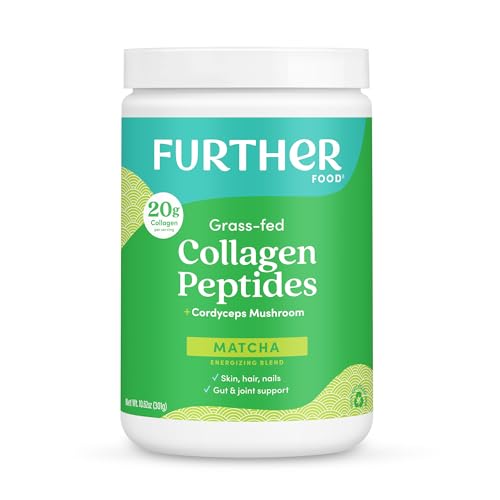 Further Food Matcha Collagen Peptides Powder with Cordyceps Mushroom 100% Grass-Fed Hydrolyzed Type 1 & 3 20g of Collagen per Serving Supports Energy Skin Hair & Joints 10.62 Oz