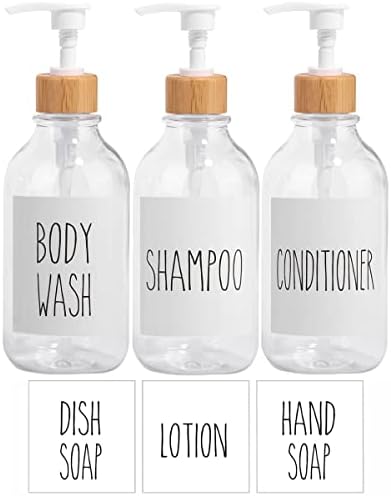 Shampoo and Conditioner Dispenser-Set of 3-16 oz Reusable Pump Bottle Dispenser for Bathroom with 6 Waterproof Stickers - Empty Plastic Refillable Containers for Shower (Clear)