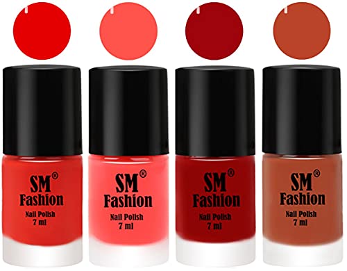 Image of Nail Polish Combo Set (Pack of 4) Quick Dry Gel Finish Nail Paint | Fire Orange,Baby Pink,Light Red,Light Coral | 7 ml Each