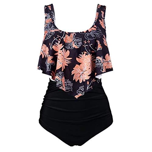 Aidotop Damen Badeanzug Rüschen Zweiteilige High Waist Bikini Retro Sätze mit hoher Taille Bademode Strandkleidung(4bpink Flower,EU 14-16(L))
