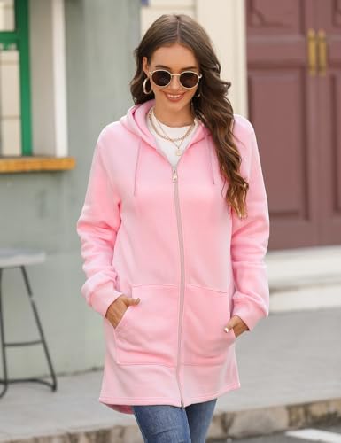 Vancavoo Fleecejacke Damen Lang Winterjacke Sweatjacke Kapuzenjacke Zip Kapuzenpullover Lose Jacken Einfarbig Sweatshirt Langen Mantel Cardigan Outwear Mit Taschen,Rosa,M