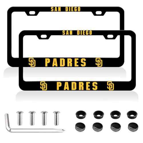 2Pcs Matte Black License Plate Frame for Padres,2 Holes Aluminum Car Licenses Plate Covers Holders with Screw Caps