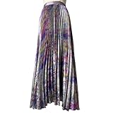 Kalamet Women's Metallic Pleated Midi Skirt – High Elastic Waist, Shiny Finish, A-Line Swing Long Skirt