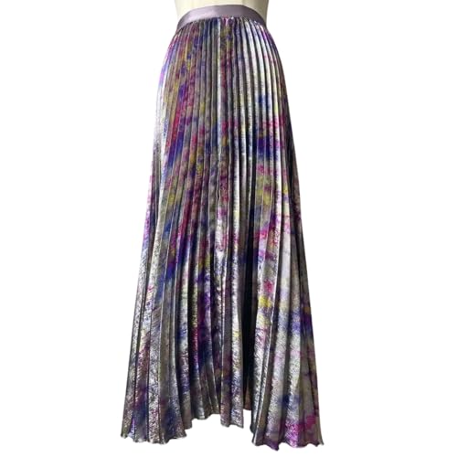 Kalamet Womens Metallic Pleated Midi Skirt Shiny Finish High Waist Bias Cut A-Line Swing Long Skirt