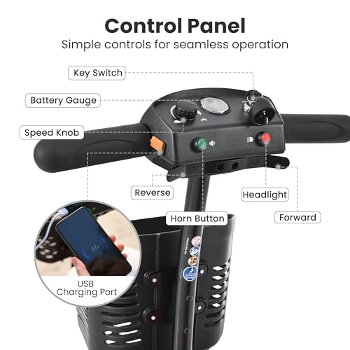 Image of Mobility Scooter for Adults and Seniors M2 Black, 15-20 Miles Long Range Electric Scooter, 260W Motor, 330 LBS Capacity, LED Headlight, Electromagnetic Brake, USB Port, Adjustable Tiller