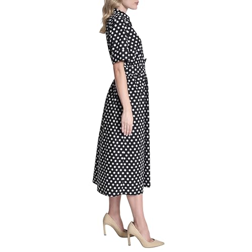 Image of DKNY Women's Short Sleeve Cotton Poplin Collared Midi Shirtdress