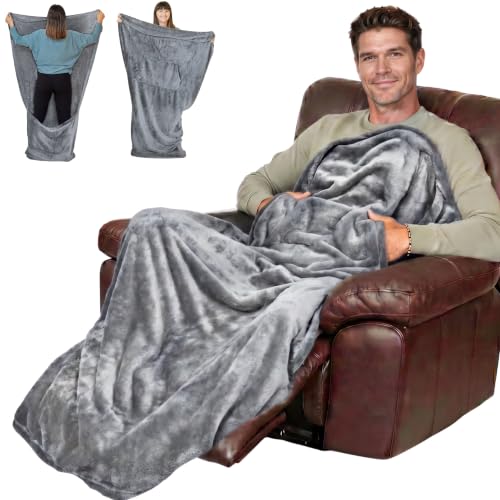 EzrAllora Fleece Lightweight Foot Pocket Blanket -Patent Pending- Gamer Gift for Men Who Have Everything - Gifts for Men Who Wants Nothing and Elderly Dads (Fleece Silver Grey)