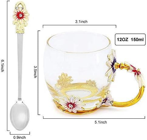 Flower Tea Cup, Handmade Glass Enamel Coffee Mugs with Spoon Enamel Glass Mug for Women Birthday Valentines Wedding