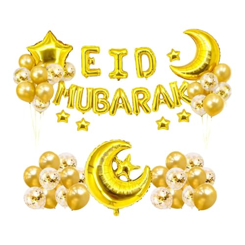 Eid Mubarak Latex Aluminium Foil Moon Star Balloon Set For Eid al-Fitr Al-Adha Iftar Home & Office Party | Decoration Item Golden 40 Pcs Pack Of 1