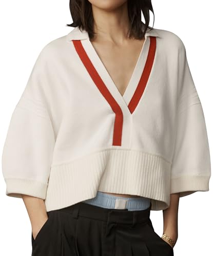 Women’s 3/4 Sleeve V Neck Cropped Sweater Oversized Color Block Lapel Collared Pullover Fall Knitted Causal Sweater