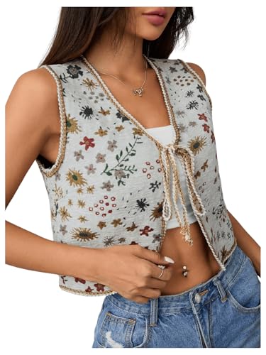 SweatyRocks Women's Floral Print Vest Tie Front V Neck Sleeveless Crop Vest Outerwear