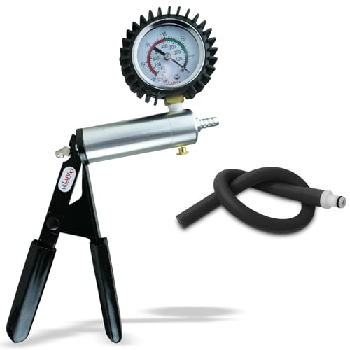 LeLuv Ultima Black Vacuum Pump - Aluminum Alloy Silver Handle Manual Hand Vacuum (0-30 Hg, 0-760 mmHg), Gauge Installed with Protective Rubber Cover, Silicone Padded Grips with Silicone Hose &amp; Fitting
