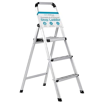 BIRDROCK HOME 3-Step Aluminum Step Ladder - Lightweight Foldable Stepladder with Wide Non-Slip Steps - Ideal for Kitchen, Pantry, Closets, and Home Office - Space-Saving Design - Indoor Use - Silver