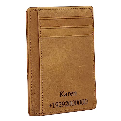 Custom Engraved Mens Rfid Blocking Front Pocket Thin Wallet Slim Minimalist Leather Credit Card Holder Wallets RFID Blocking Personalized Gift for Men Him Father's Day Husband Boyfriends