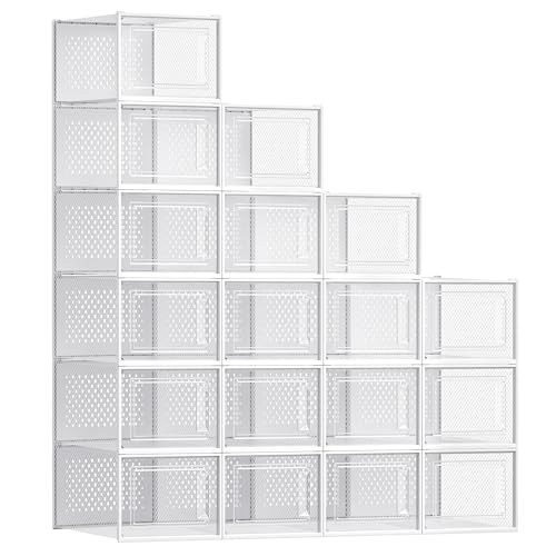 Image of SONGMICS Shoe Boxes, Pack of 18 Shoe Storage Organizers, Stackable Clear Plastic Boxes for Closet, Sneakers, 13.1 x 9.9 x 7.4 Inches, Transparent and White ULSP18MWT