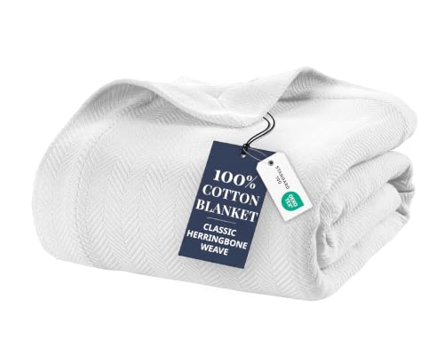 LANE LINEN King Blanket for Bed - Luxurious 100% Cotton Bed Blankets Herringbone Weave - Everyday Premium Bedding Essential & Perfect Memorable Gifting to Loved Once - Oeko-TEX Certified - White