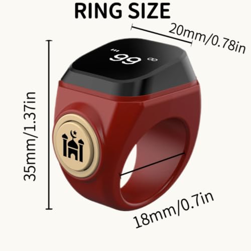 Image of Smart Tasbih Counter,18mm(8) Muslim Digital Azan Alarm Clock Zikr Ring,APP Support Digital Counter Prayer Reminder Rings, Waterproof 4 Digit Finger Counter for Muslims(Red)