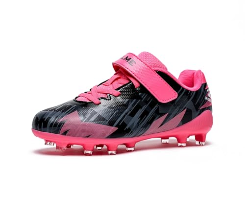 KELME Kids Soccer Cleats, Boys Girls Firm/Artificial Ground Shoes, Outdoor Football Baseball, Black-Pink, Size 4 Big Kid