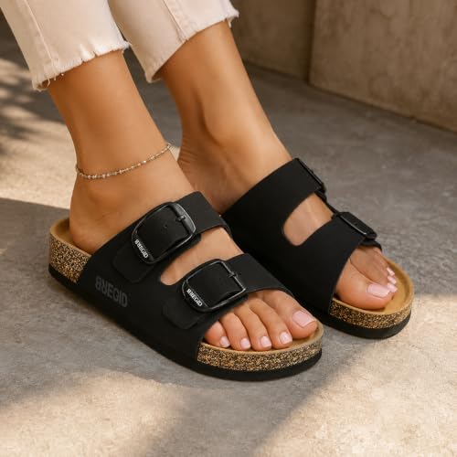 Image of Bregid Women Classic Black Nubuck Leather Sandals | Premium Cork and Eva Comfort Sole for Everyday Wear | Slip on Stylish Footwear with Durable Arch Support
