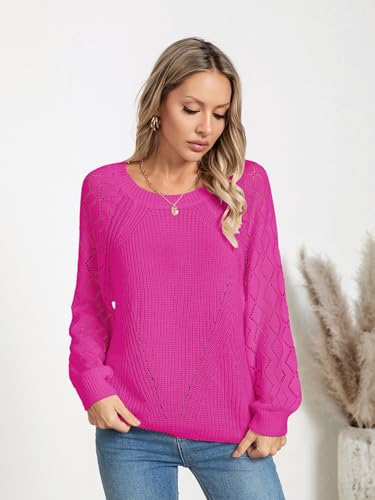 Image of Libsorge Womens Cute Crochet Knit Hollow Out Sweater Fall 2024 Lightweight Ribbed Crewneck Long Sleeve Pullover Top
