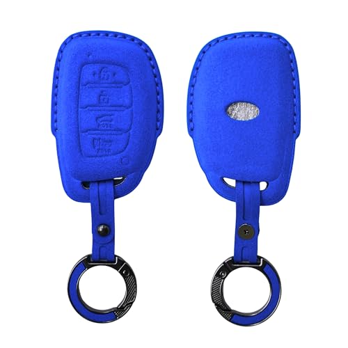 Image of KMH Alcantara Car Key Cover Compatible with Hyundai Alcazar Creta 2022 Venue i20 Tucson Elantra Smart keycover with Keychain 4 Button Shell Case Key Smart Keycover with Keychain (D2) Blue - Pack of 1
