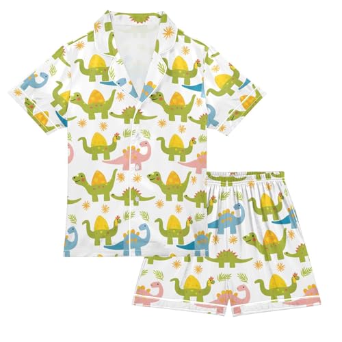 ALAZA Bright Dinosaur Leaf Pajamas Satin Pajama Set Short Sleeve Button Down Sleepwear