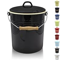 Duurzame Vuilnisemmer Met Deksel - Stalen Afvalemmer Met Emaille Coating En Houten Handvat 5 Liter Wit