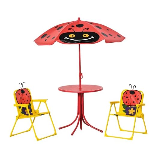 Outsunny Kids Table and Chair Set, Outdoor Folding Garden Furniture, Picnic Table for Patio Backyard, with Ladybug Pattern, Removable & Height Adjustable Sun Umbrella, Aged 3-6 Years Old, Red