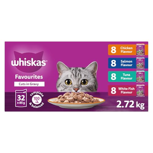 Whiskas Favourites Adult Wet Cat Food Cuts in Gravy Chicken Flavour, Salmon Flavour, Tuna Flavour, and White Fish Flavour Variety Pack, 85g Pouch (32 Pack)