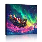 サンタそりキャンバスペインティングカラフルなオーロラウォールアートクリスマスリビングルーム冬の森雪景色アートワークプリントプレイルーム70x70cmインナーフレーム
