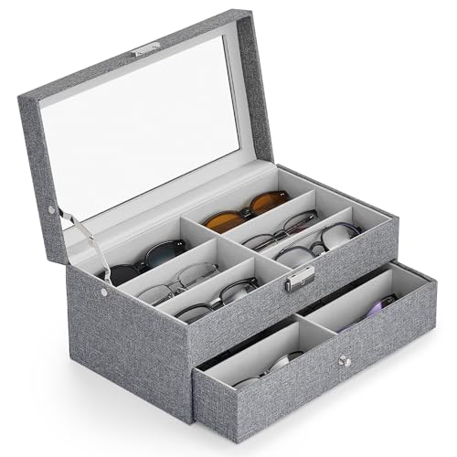 Image of CO-Z Sunglasses Organizer with 12 Slots, Linen Eyeglasses Storage Box for Women Men, 2 Story Lockable Display Case for Multiple Glasses, Sunglasses Jewelry Collection Holder with Drawer, Grey