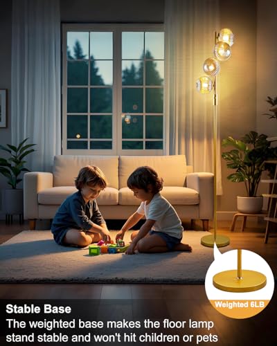 Image of Lightdot 64IN Dimmable Floor Lamp with Glass Globe Shade, Modern Gold Standing Lamps with 4PCS Bulbs Included Soft Warm White, Mid Century Floor Lamp with 5Lbs Heavy Base for Living Room /Sofa Beside
