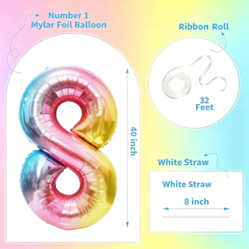 Image of Rainbow Number Balloons Birthday Balloons - Giant Number 8 Balloon 40 inch, Numbers Balloon Birthday Decorations, Rainbow Party Supplies for Baby Shower