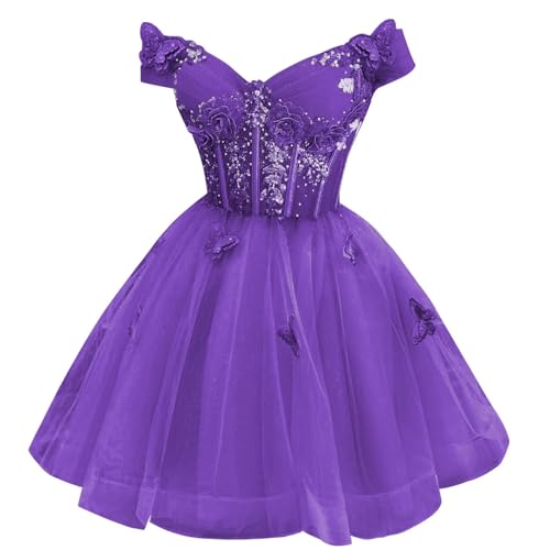 XYAYE 3D Butterfly DAMA Dresses Glitter Tulle Homecoming Dress Puffy Off Shoulder Flower A Line Cocktail Gown