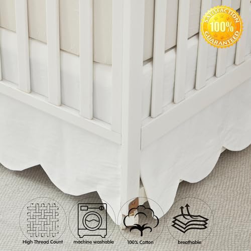 Image of Brandream Scallop Edge Organic Cotton Crib Skirt, Baby Boy, Baby Girl, Gender Neutral Crib Skirt Toddler Bedskirt Farmhouse Chic Nursery Crib Bed Skirt, Boho Bohemian Solid Cream White Skirt