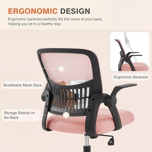 Image of Sweetcrispy Home Office Managerial Executive Chair, Flip Up Armrest Ergonomic Mesh Adjustable Swivel Mid-Back Computer Desk Chair with Comfortable Lumbar Support, Comfy Arms for Bedroom,Blak&Pink