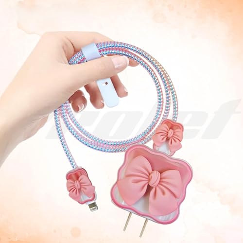 Image of 3D Bow Design Case Cover for iPhone Adapter Compatible with 18W and 20W Charger Only 360 Full Protection Silicone Case Cover 5 in 1. (Pink Bow)