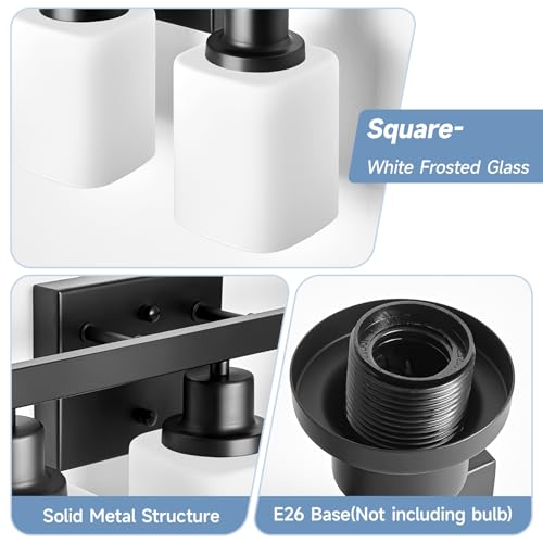 Image of 3-Light Bathroom Vanity Light,Modern Matte Black Bathroom Light Fixtures with Square Frosted Glass,Wall Sconces Lighting fixtures Over Mirror Restroom, Living Room Hallway