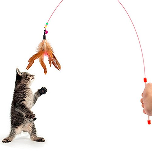 Topbeu Fun Pet Cat Toy Steel Wire Feather Training Teaser Wand