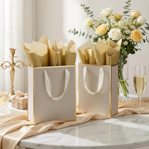 Image of Yeaqee 24 Pack Metallic Paper Gift Bags, Champagne, Gold | with Satin Ribbon Handle and Tissue, 9x7x3.1 Inch, Suit Business, Birthday, Christmas, Thank You Return Gifts Bags