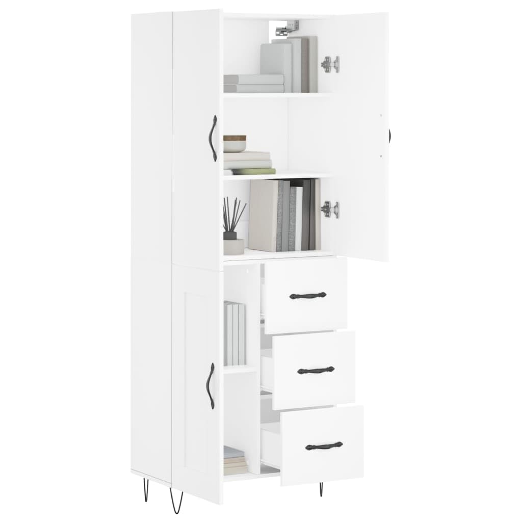 Komoda biała z materiału drewnopochodnego 69,5 x 34 x 180 cm z metalowymi nóżkami, schowek do salonu, kuchni, biura, korytarza, komoda z drzwiami i półką